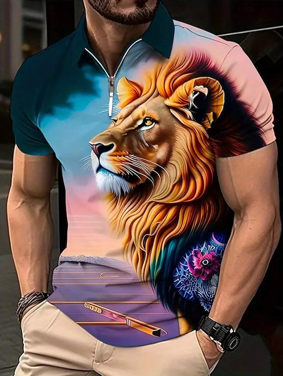 [时尚版型老虎衬衫] 舒适时尚版型 3D 印花老虎衬衫 - 男士休闲高尔夫网球衬衫 - 男士服装 - 彩色 - 查看 1