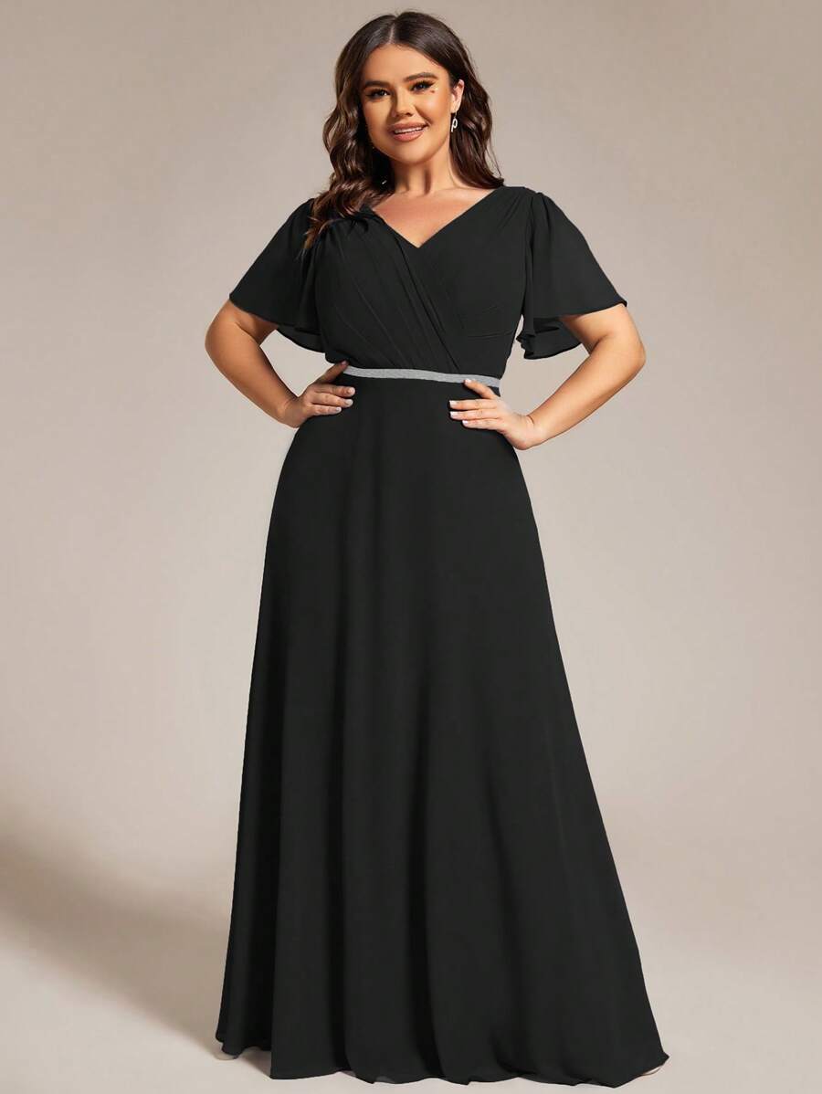 V-Neck Pleated Ruffle Sleeve Chiffon Elegant Maxi Plus Size Bridesmaid Dress - Black - View 1