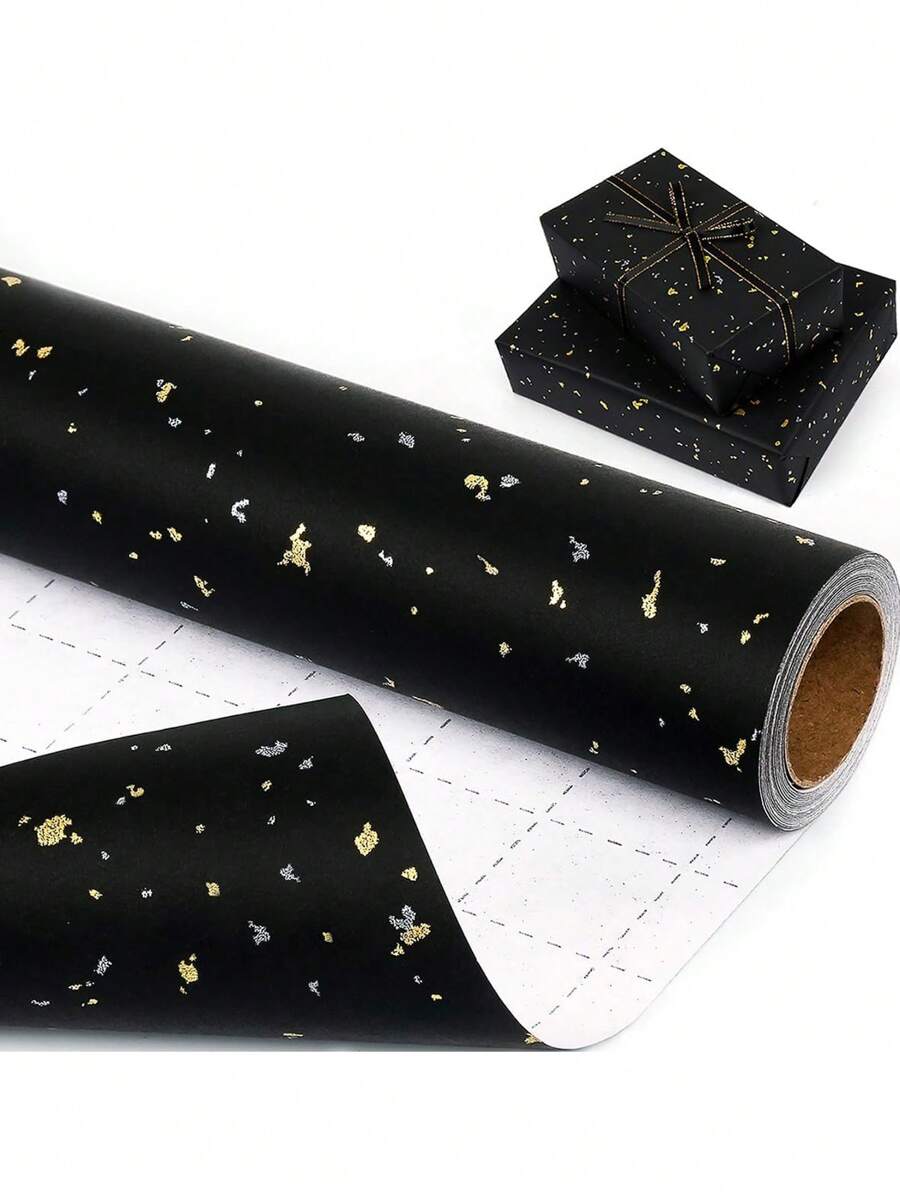 Kraft Paper Roll, Wedding Wrapping Paper, Matte Kraft Paper With Silver And Gold Foil Accents, Solid Color Thanksgiving And Halloween Wrapping Paper, Perfect For Weddings, Graduations, Birthdays, DIY Bouquets, Metallic Christmas Gift Wrapping Paper, Gift Box Filler, DIY Christmas Decor Paper (For Accessories), Solid Patterns, Matte Wrapping Paper, Halloween And Thanksgiving Decor, Autumn, Winter (Black Gold) - Black - View 1