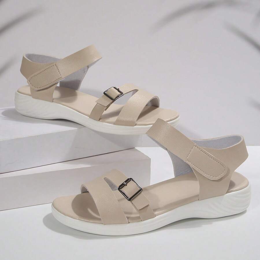 Women's Minimalist Soft Sole Sandals, New Fashion Roman Style Student Flat Sandals, Plus Size Solid Color Buckle Closure Daily Wear Hollow-Out Asymmetric Design - Champagne - View 1