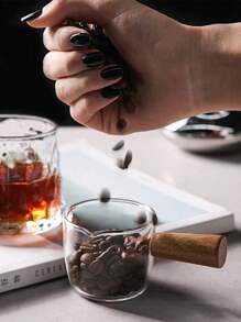 50/100ml Glass Espresso Measuring Cup With Tropical Wood Handle Graduated Markings For Coffee Shops Kitchen Drinkware Clear Glass Milk Cup Heat Resistant Wood Handle Double Spout Espresso Measure Mug Barista Accessories