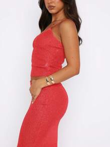 Two Piece Skirt Set For Women - Sexy 2 Pc Bright Silk Skirt Set Sleeveless Spaghetti Strap Scoop Neck Tank Top Bodycon Maxi Long Skirts Sets - Red - View 8