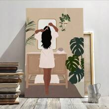 1Pc Framed Wall Art Woman Look At Mirror Canvas Poster Paintings Ideal Gift For Living Room Bedroom Corridor Wall Decor Room Decoration Ready To Hang - 藍色 - 查看 1