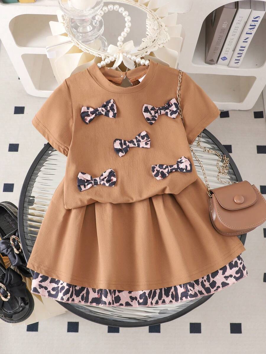 2pcs/Set Young Girl Retro Leopard Print Bow Decor Short Sleeve T-Shirt And Double-Layer Skirt Set, Summer