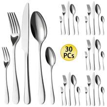 30 piezas Juego de cubiertos de acero inoxidable con tenedor de pastel para 6 personas, Juego de cubiertos duradero de 30 piezas, Juego de cubiertos aptos para lavavajillas, Juego de cuchillo, tenedor y cuchara