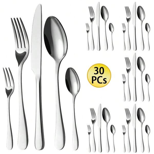 Juego de cubiertos de acero inoxidable de 30 piezas con tenedor para pastel, servicio para 6 personas. Juego de cubertería duradera de 30 piezas, seguro para lavavajillas, juego de cuchillos, tenedores y cucharas.