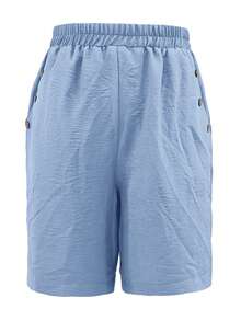 Jisfaneya Solid Color Pleated Design Fabric Blue Wide Leg Casual Shorts, Spring/Summer - Blue - View 3