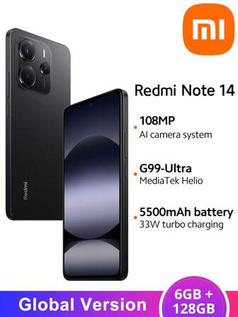 Xiaomi Redmi Note 14 Smartphone 6GB+128GB Global Version Helio G99-Ultra Processor 6.67" 120Hz AMOLED Display 108MP AI Camera 33W Turbo Charging 5500mAh Battery IP54 Water And Dust Resistant