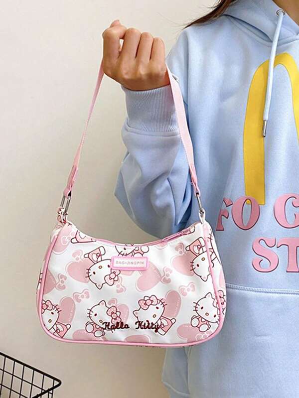 Sanrio 1 pieza Bolso de mano/de hombro pequeño de niña con diseño lindo de Sanrio KT Cat, bolso de mano de niña y bolso de tela con diseño de dibujos animados