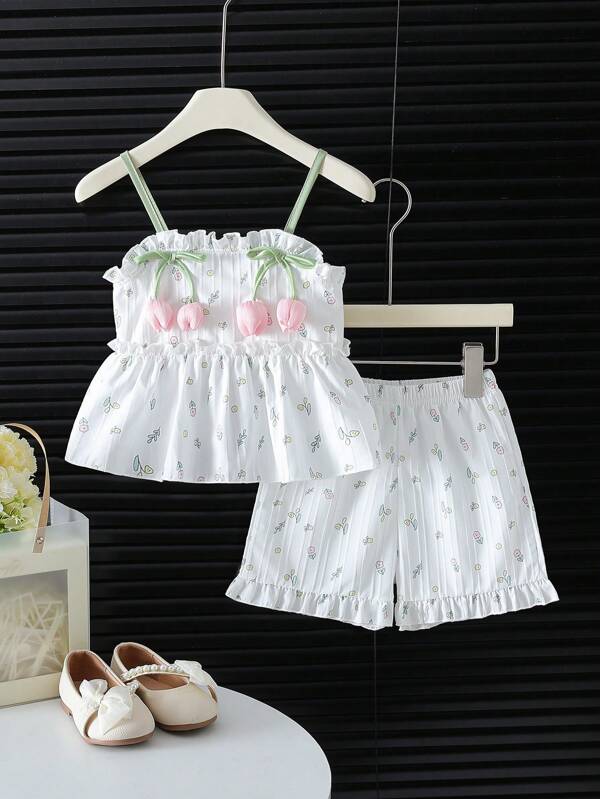 2pcs Young Girl Tulip 3D Floral Camisole & Shorts Co-Ord Set, Elegant Fresh Girl Summer Suit