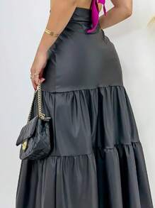 Women's Midi Skirt Three Marias Leatherette High Waist Luxury Fashion - 黑色 - 查看 4