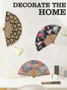 1pc Flamingo & Sunflower Party Casual Polyester (Dacron) Bamboo Fan, Suitable For Friends Gift, All Seasons, Unisex - Multicolor - View 3