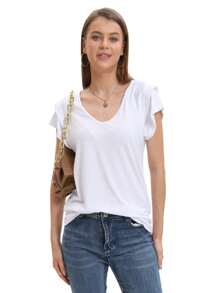 Yeeloon Women's Summer Lotus Sleeve Top Pleated Short Sleeve V-Neck T-Shirt Casual Loose