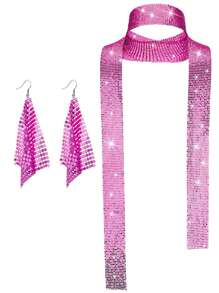 Forever & Moment 2pcs Women'S Disco Accessories From The 70s, Disco Sequin Scarf, Imitation Diamond Pendant