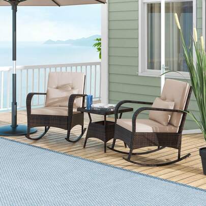 Lifezeal 3 PCS Rocking Bistro Set With Removable Cushions & Tempered Glass Top Coffee Table