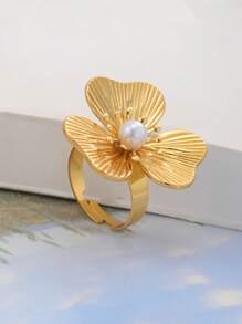 时尚优雅的女士不锈钢花卉可调节戒指 - 金黃色 - 查看 2