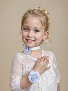 2pcs Girls Toddlers Rose Flower Bowknot + Wristband Bracelet 2-Piece Set, Baby Girl Bow Flower Outfit, Wedding Dress Decoration, Kids Party Accessory, Bridal Decor