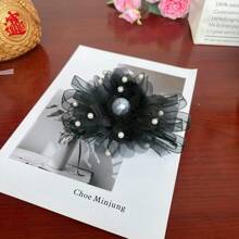 2 Pieces Elegant Black Floral Pearls Detachable Shoe Clips With Ruffle Net Bowknot Twist Design, Suitable For Wedding And Party High Heels, Shoe DIY Accessories
