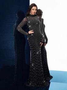 QOQ 闪亮华丽黑色热钻水钻立领美人鱼下摆长袖礼服，适合晚会、晚宴、生日派对（大量装饰）、正式场合、婚礼宾客 - 黑色 - 查看 3