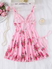 2 Pieces Sexy Lingerie Sleepwear Set - Complete 2 Pieces Set With Matching Thong, Delicate Ruffle Hem, Vibrant Floral Print - Pink - View 2