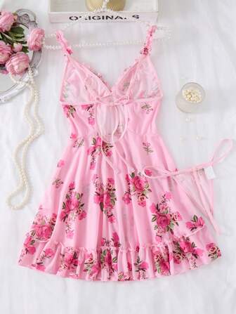 2 Teile Sexy Dessous Nachtwäsche Set - Komplettes Ensemble mit koordinierender String-Unterhose, delikater Rüschensaum und leicht verstellbaren Trägern für perfekten Sitz - lebhaftes Blumenmuster, sinnliche Nachtkleider für Frauen