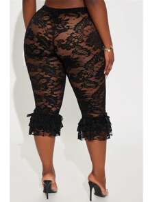 Women Cropped Lace Capri Pants Sexy See Through Lace Floral Leggings Shorts Slim Fit Bowtie Side Pedal Pushers Coquette Tight Bottoms - 黑色 - 查看 3