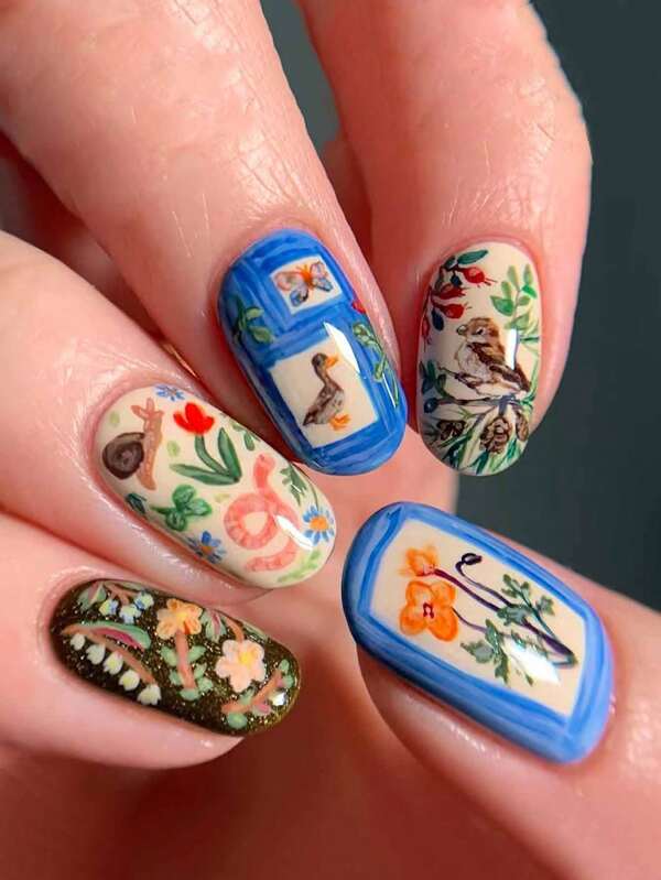 Transform Your Nails With 24 Pcs Of Short Square Press On Nails Gift Box Spring Flowers Garden Green Grass Dreamlike Butterfly Ins Red Tulip Sea Blue Small Daisies Hand-Painted Countryside Countryside Style Cute Bird Red Fruit Gift, Picnic Portable Fake Nail With Jelly Glue 1 Piece File Strip 1 Nail Supplies Nails