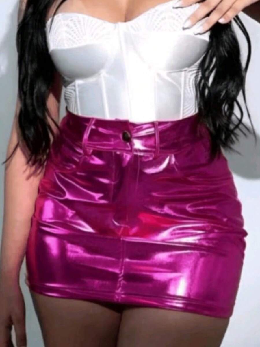 Women's Metallic Short Vinyl Skirt Button And Pocket High Waist Casual Blogger - Màu Hồng Tươi - Xem 1