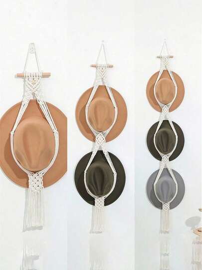 Perchero bohemio tejido con cuerda para sombreros, perchero de pared de varios niveles con pinzas de almacenamiento, perchero decorativo con borla, perchero de sombreros tejido a mano, caja de almacenamiento de sombreros de pared, decoración de pared estilo nórdico para sala de estar y dormitorio