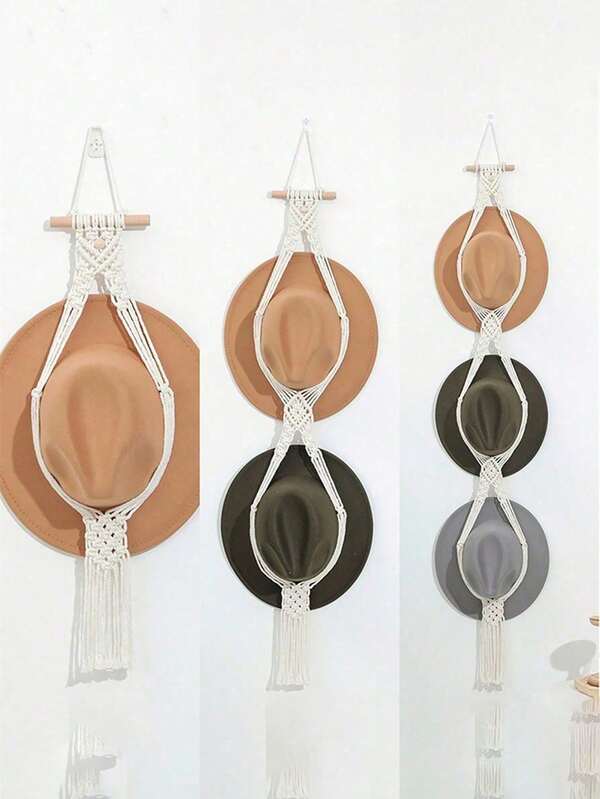 Perchero bohemio tejido con cuerda para sombreros, perchero de pared de varios niveles con pinzas de almacenamiento, perchero decorativo con borla, perchero de sombreros tejido a mano, caja de almacenamiento de sombreros de pared, decoración de pared estilo nórdico para sala de estar y dormitorio
