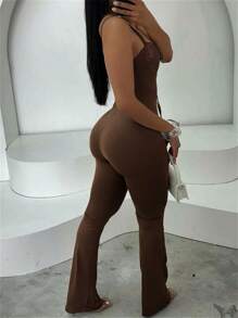 Inmen 夏季性感纯色修身连体裤无袖露背蕾丝拼接臀部运动服俱乐部女装