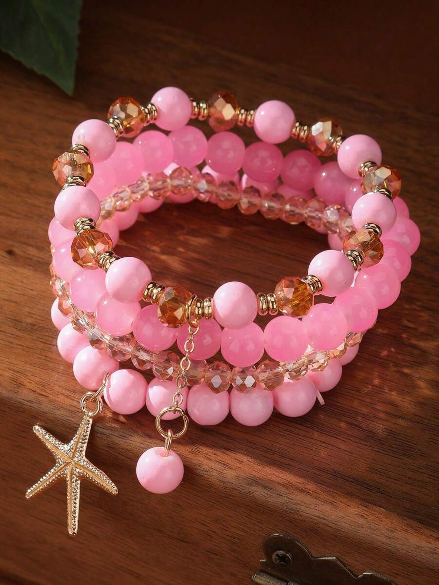 4pcs/Set Bohemian Ocean Beach Style Starfish Pendant Multi-Layer Beaded Asymmetrical Bracelets - Pink Beaded Starfish Bracelet - View 1