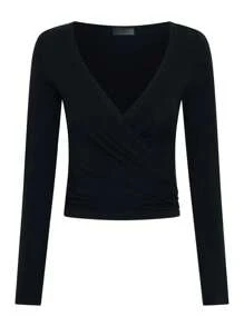 Cross Wrap Tie Top For Women Y2k Fairy Long Sleeve V-Neck T Shirts Ruched Shirts Slim Fit Crop Top Tie Ballet Yoga Workout Tees Coquette Blouse Spring Summer Going Out Tops - màu đen - Xem 5