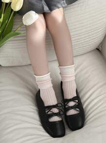 3 Pairs Girls Thin Socks, Korean Style Double-Layered Cuff Mid-Calf Socks, Spring & Summer - Baby Pink - View 3