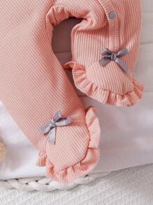 Neugeborenes Baby Mädchen einfarbiger Langarm Jumpsuit mit Schleife - Pink - Übersicht 5