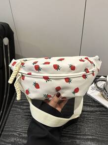 Nylon Crossbody Bag, Solid Color Shoulder Bag, Women's Casual Sling Purse For Outdoor Sports, Strawberry Pattern - White - View 5