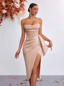Elisanya 女式荷叶边饰网眼撞色露背前开衩晚会礼服优雅夏季毕业酒会礼服 - 肉色 - 查看 6