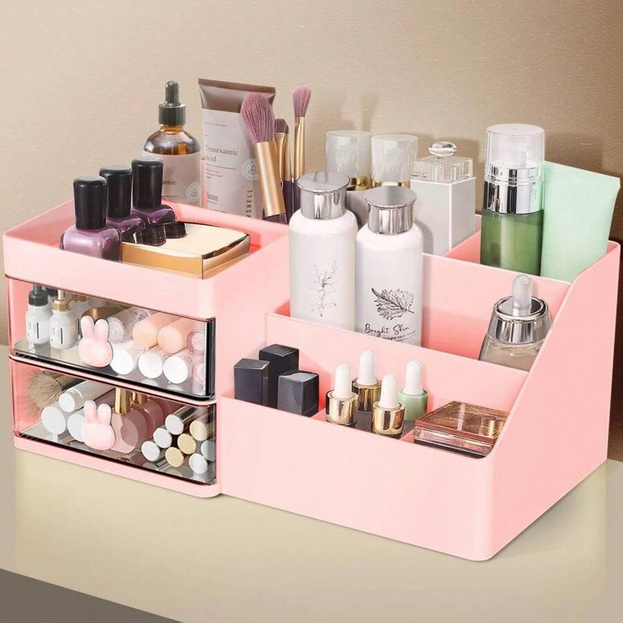 Makeup Organizer, Cosmetic Desk Storage Box With Drawers Skincare Organizers For Dressing Table, Countertop, Bathroom Counter, Vanity Holder For Brushes, Lotions, Lipstick, Perfume - 粉紅色-透明 - 查看 1