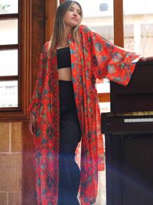 宽松复古佩斯利印花和服/长袍/罩衫，优雅波西米亚风格女士外套，柔软缎面面料，中长款，适合春秋季海滩和旅行