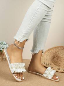 Women Ruched Strap Embellished Square Toe Casual Wear Slip-On Flat Sandals - Pearl White - View 6