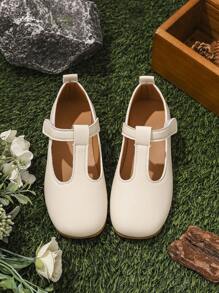 1 Pair Girl's Beige Flat Shoes, PU Material With Hook And Loop Adjustable Size Design, Round Toe, TPR Anti-Slip Comfortable Light-Weight Solid Color Dance Shoes, Suitable For Girls Aged 5-14, For School, Party, Outdoor Daily Casual Wear - Beige - View 7