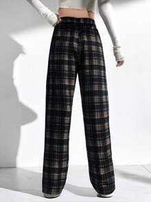 Pantalones largos de mujer, pantalones de cuadros estilo británico, casuales, nueva colección de verano 2025, pantalones rectos y holgados - Gris marrón negro - Ver 3