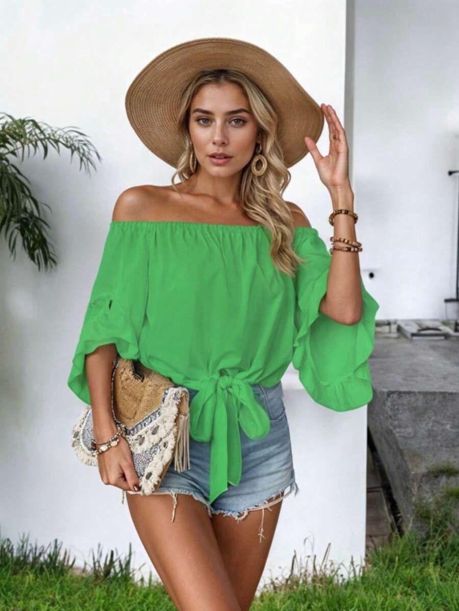 Blusa Holgada con Hombros Descubiertos y Detalle de Lazo para Mujer - Verde - Ver 1