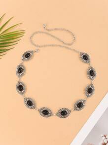 Women's Silver-Tone Turquoise Flower Chain Belt - Zinc Alloy Western Cowgirl Jeans, Dresses - Plus Size Beach Wedding Party Festival Sports Accessory - Rivet Matte Oval Disc Decor Summer, School Fall, Autumn, Halloween - Silver/Black Sapphire - View 16