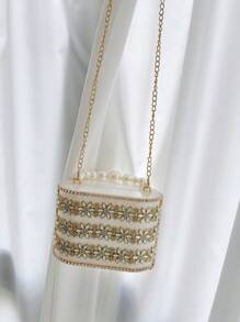 1pc Apricot Bucket Style Acrylic Handbag With Rhinestone Metal Hardware And Pearls, Suitable For Attending Evening Parties And Balls - Beige - View 2