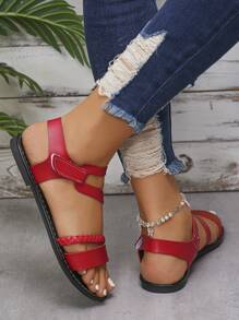 女士编织细节休闲钩环平底凉鞋 - 紅色 - 查看 6