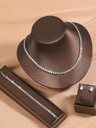 rakol 4 件奢华方晶锆石水滴项链、手链、耳环首饰套装，适合婚礼派对装饰