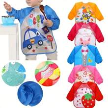 1pc Cartoon Pattern Feeding Bib With Long Sleeves For 0-6 Years Old Children, Durable Polyester, Adjustable Hook & Loop Closure - Multicolor - View 4