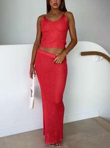 Two Piece Skirt Set For Women - Sexy 2 Pc Bright Silk Skirt Set Sleeveless Spaghetti Strap Scoop Neck Tank Top Bodycon Maxi Long Skirts Sets - Red - View 5