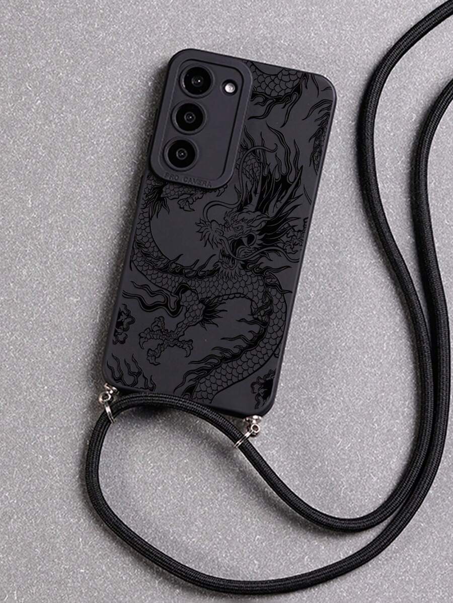 1pc Material Transparent Black With Camera And Dragon Totem Pattern Phone Case With Crossbody Hanging Cord Compatible With Samsung Galaxy/A54/A14/A12/A13/A15/A32/A33/A24/A52S/S20/S21/S22/S23/S24/S23Plus/S24ultra/S25/A15/A33/A23 Waterproof Shockproof Anti-Fall Scratch Resistant - Multicolor - View 1